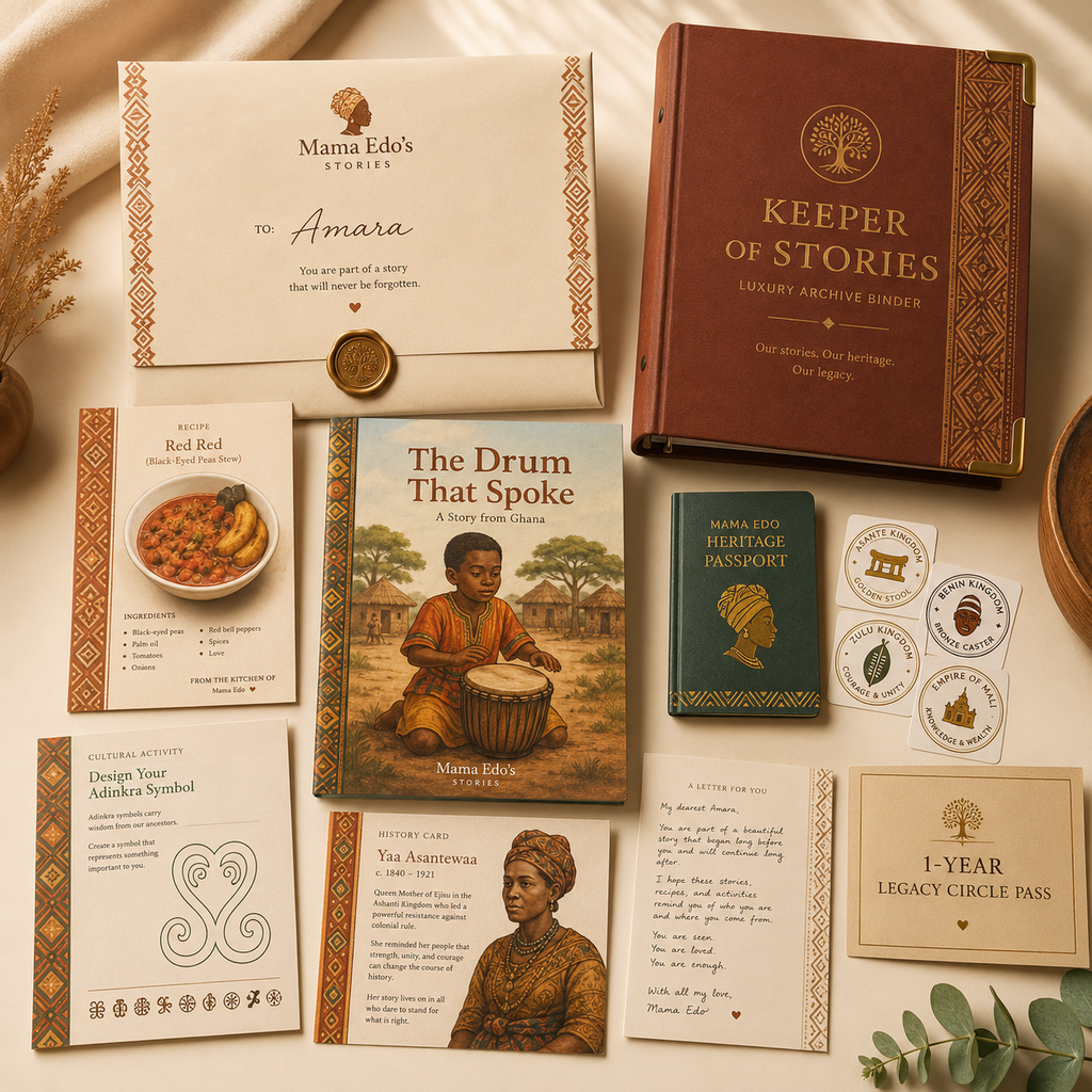 Collection of books and packaging from 'Mama Edo's Stories' on a beige surface with decorative elements.