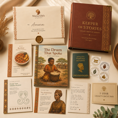 Collection of books and packaging from 'Mama Edo's Stories' on a beige surface with decorative elements.