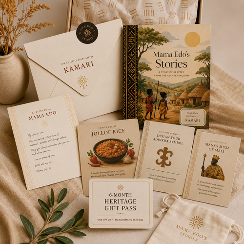 Collection of 'Mama Edo' themed items including a book, cards, and a gift pass on a textured surface.