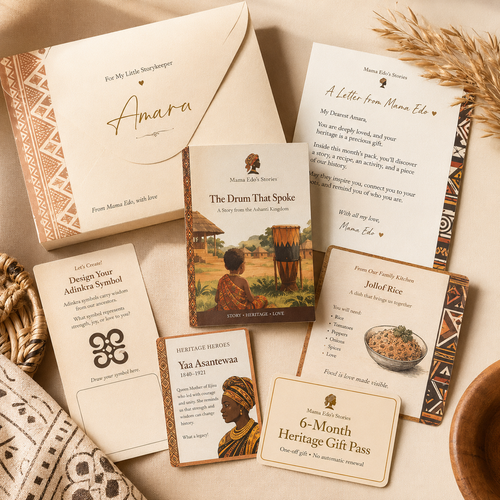 Collection of heritage-themed items including cards and a letter on a textured surface.