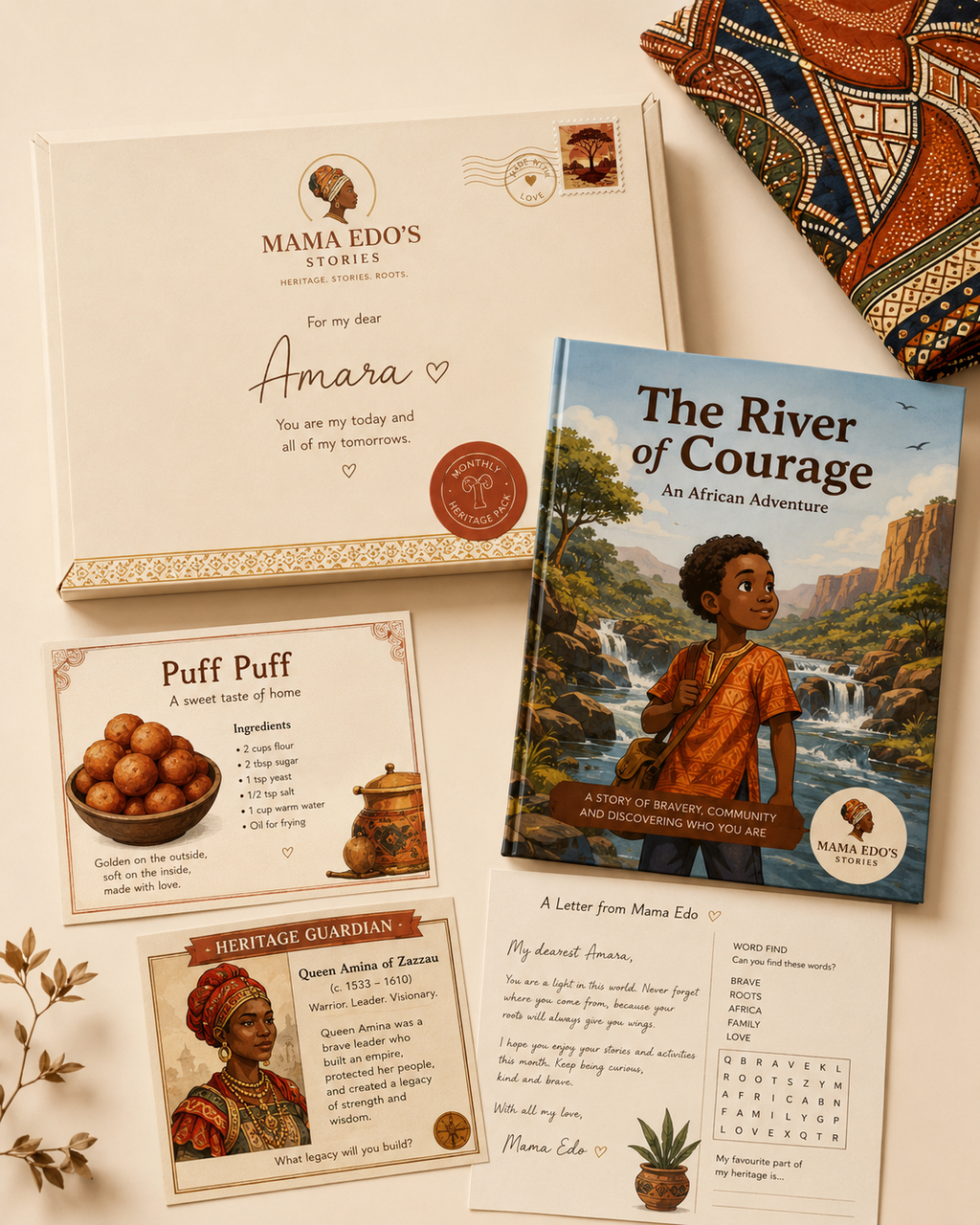 Book titled 'The River of Courage' by Mama Edos on a white surface with educational materials.