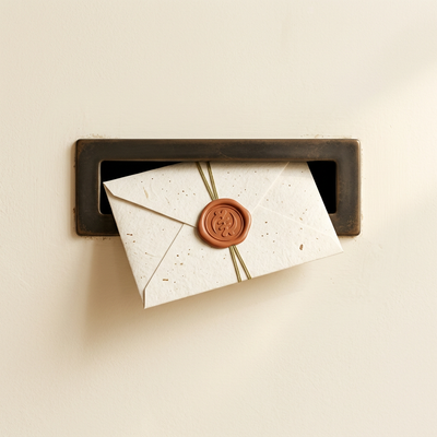 Envelope with a wax seal being inserted into a vintage-style letter slot.