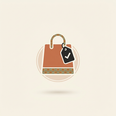 Illustration of a shopping bag with a check tag on a beige background
