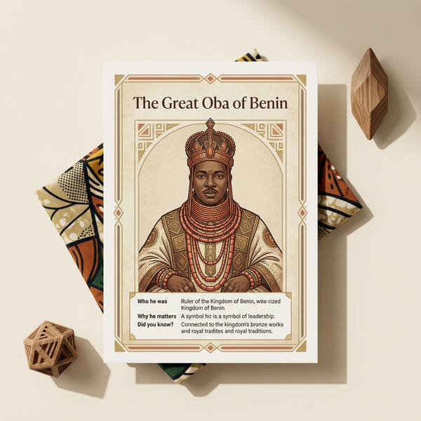 Card featuring 'The Great Oba of Benin' with decorative elements on a beige background