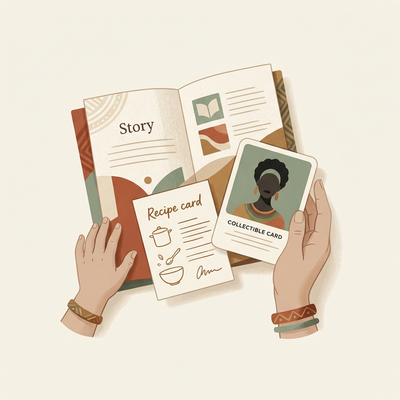 Illustration of hands holding a book, recipe card, and collectible card on a light background