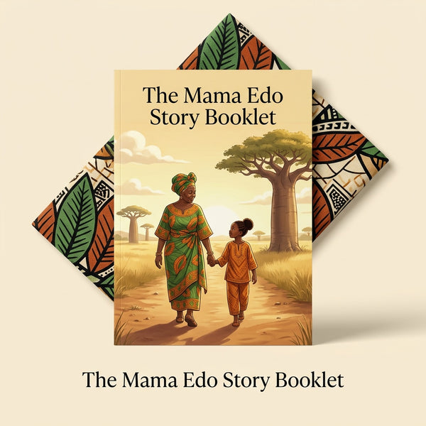 Booklet titled 'The Mama Edo Story Booklet' with an illustration of a woman and child holding hands in a natural setting.
