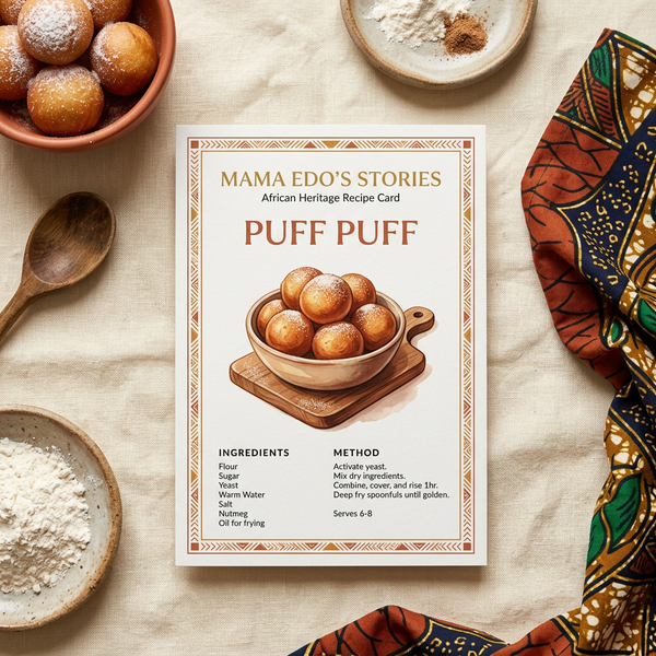 Recipe card for puff puff with ingredients and method on a table with ingredients and a patterned cloth.