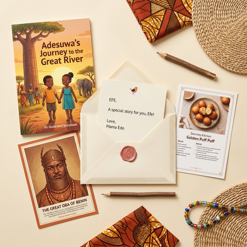 Educational materials including a book titled 'Adesuwa's Journey to the Great River' on a beige surface.