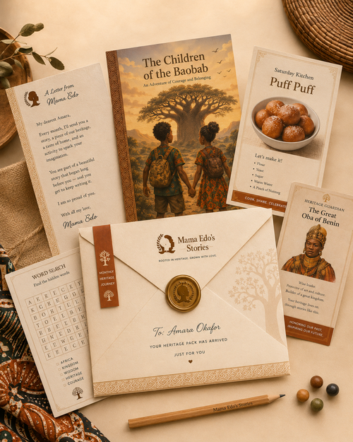 Mama Edo’s Stories monthly African heritage pack for children with personalised A5 envelope, illustrated storybook, Puff Puff recipe card, history card and personal letter.